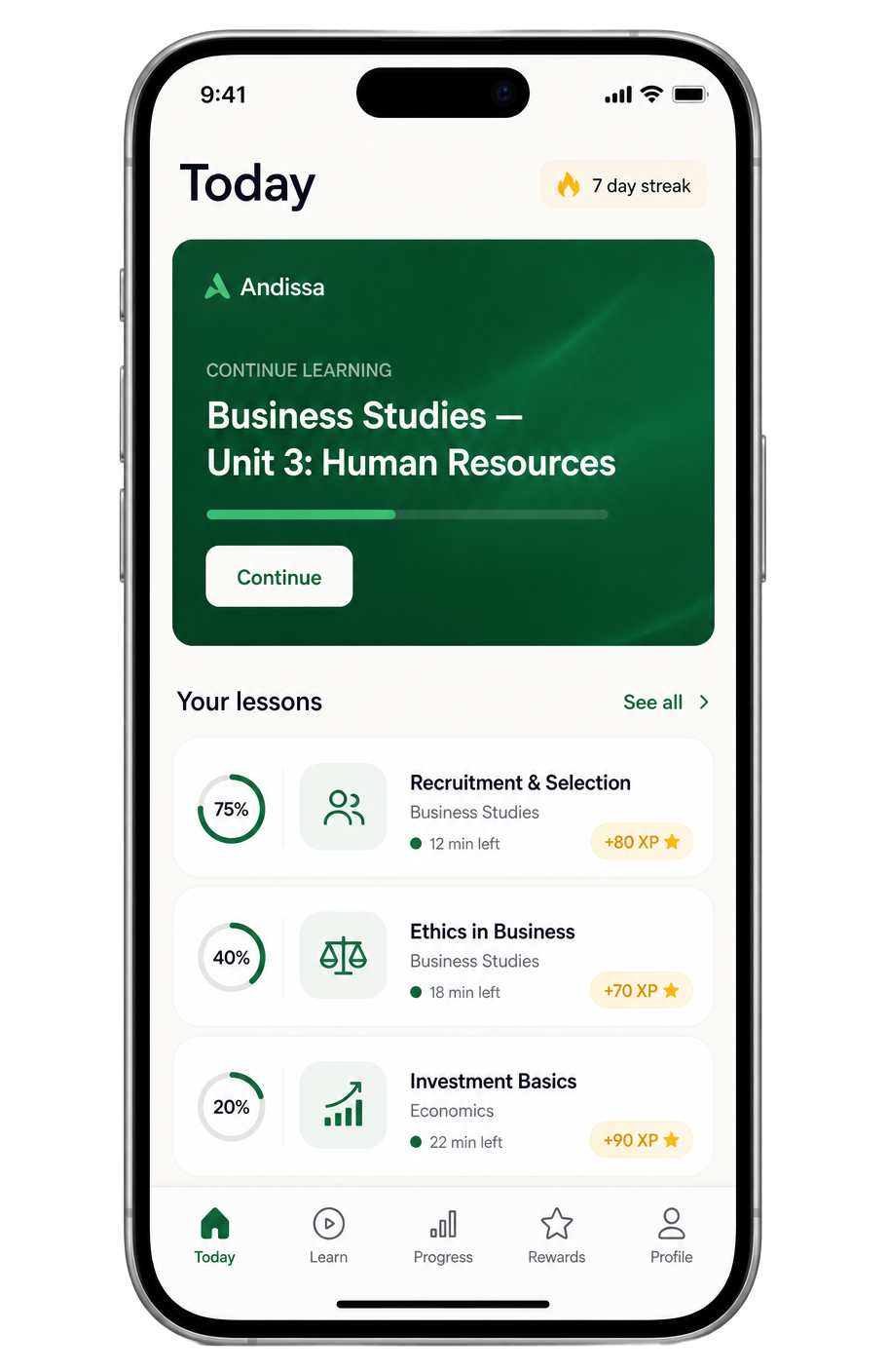 A preview of the Andissa mobile app showing a personalised Today screen with a 7-day streak, a Business Studies unit in progress, and daily bite-sized lessons.